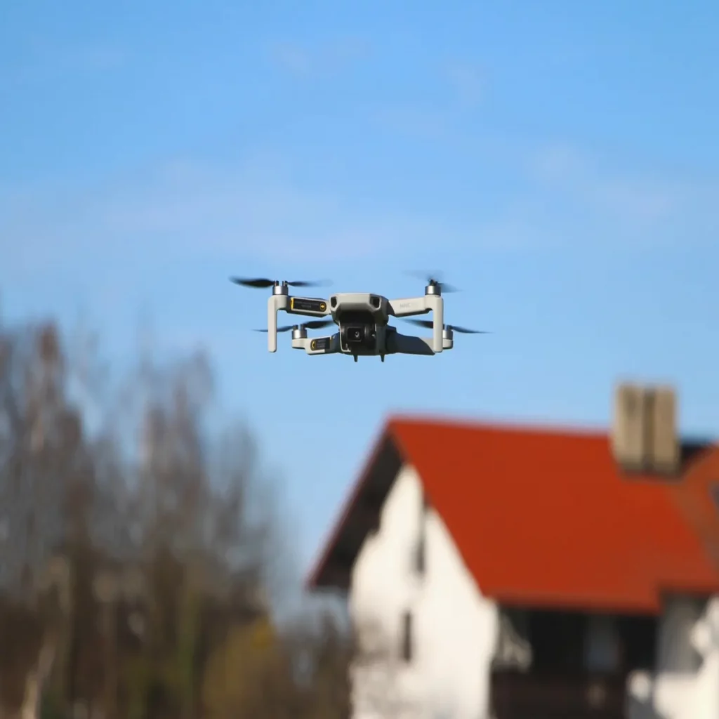 Drone capturing high-resolution roof images for accurate home inspection reports.